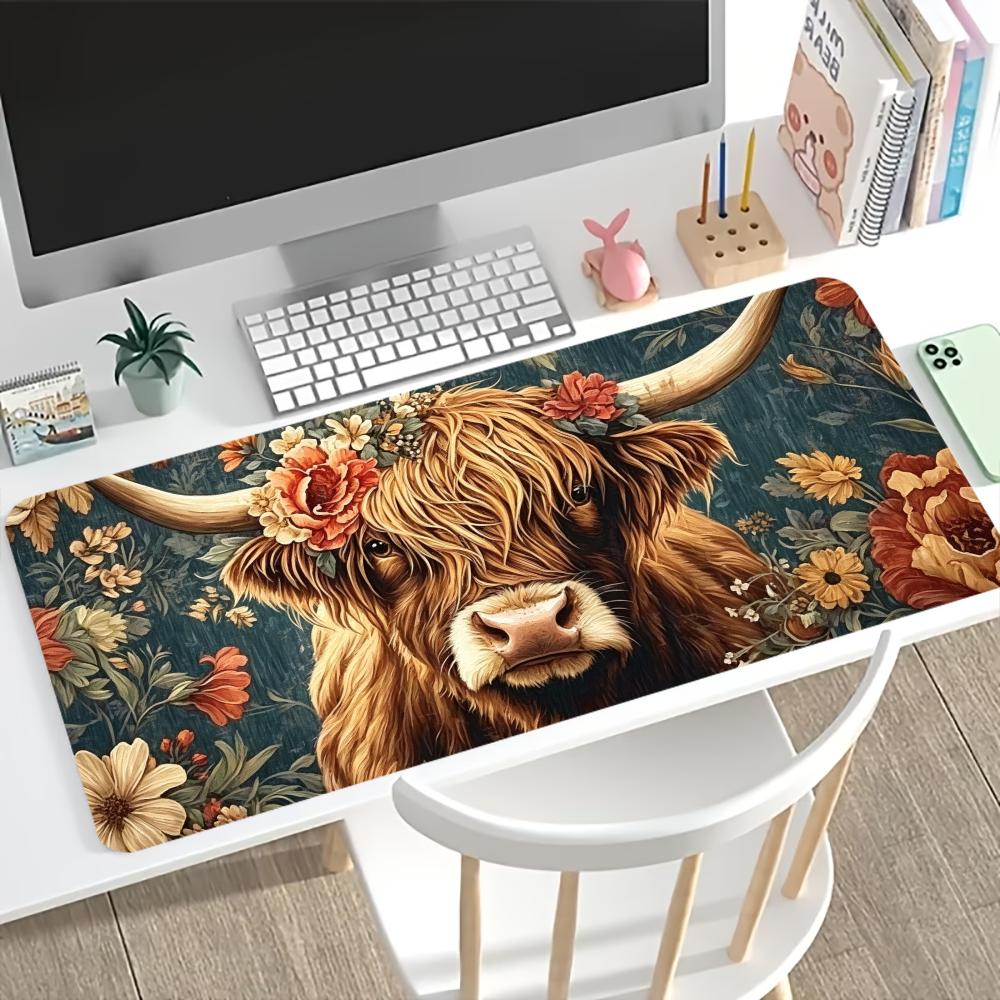 Desk Setup Vintage - Vintage Highland Cow Floral Gaming Muismat