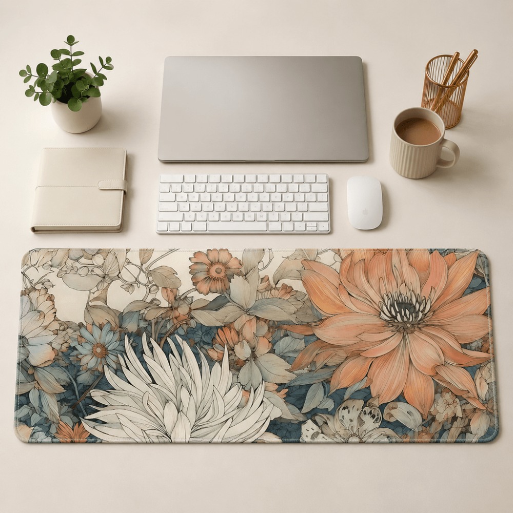 Desk Setup With Plants - Retro bloementafelmat met planten- en bloemenprints,